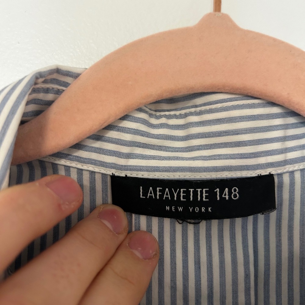 Lafayette 148 New York Blue White Striped Hidden Button Down Shirt Womens M flaw - Picture 3 of 9